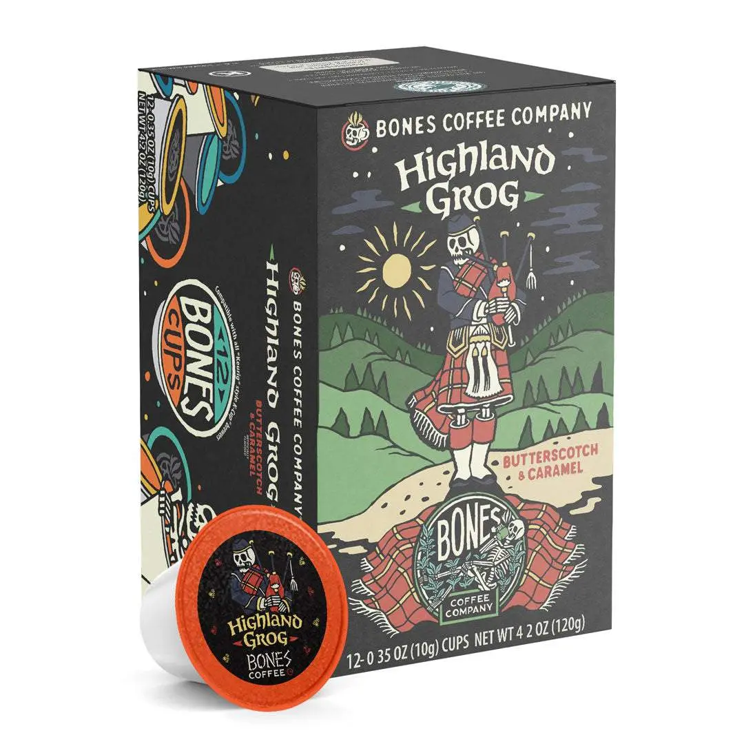 Bones Coffee Company | Highland Grog Butterscotch Caramel Flavored Coffee Pods 12 Count Keurig Compatible
