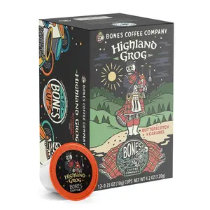 Bones Coffee Company | Highland Grog Butterscotch Caramel Flavored Coffee Pods 12 Count Keurig Compatible
