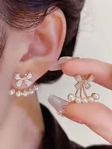 Elegant Rhinestone Butterfly Back Pearl Versatile Statement Earrings, Fashionable Delicate Design, Perfect for Special Occasions, Women's Jewelry Accessories