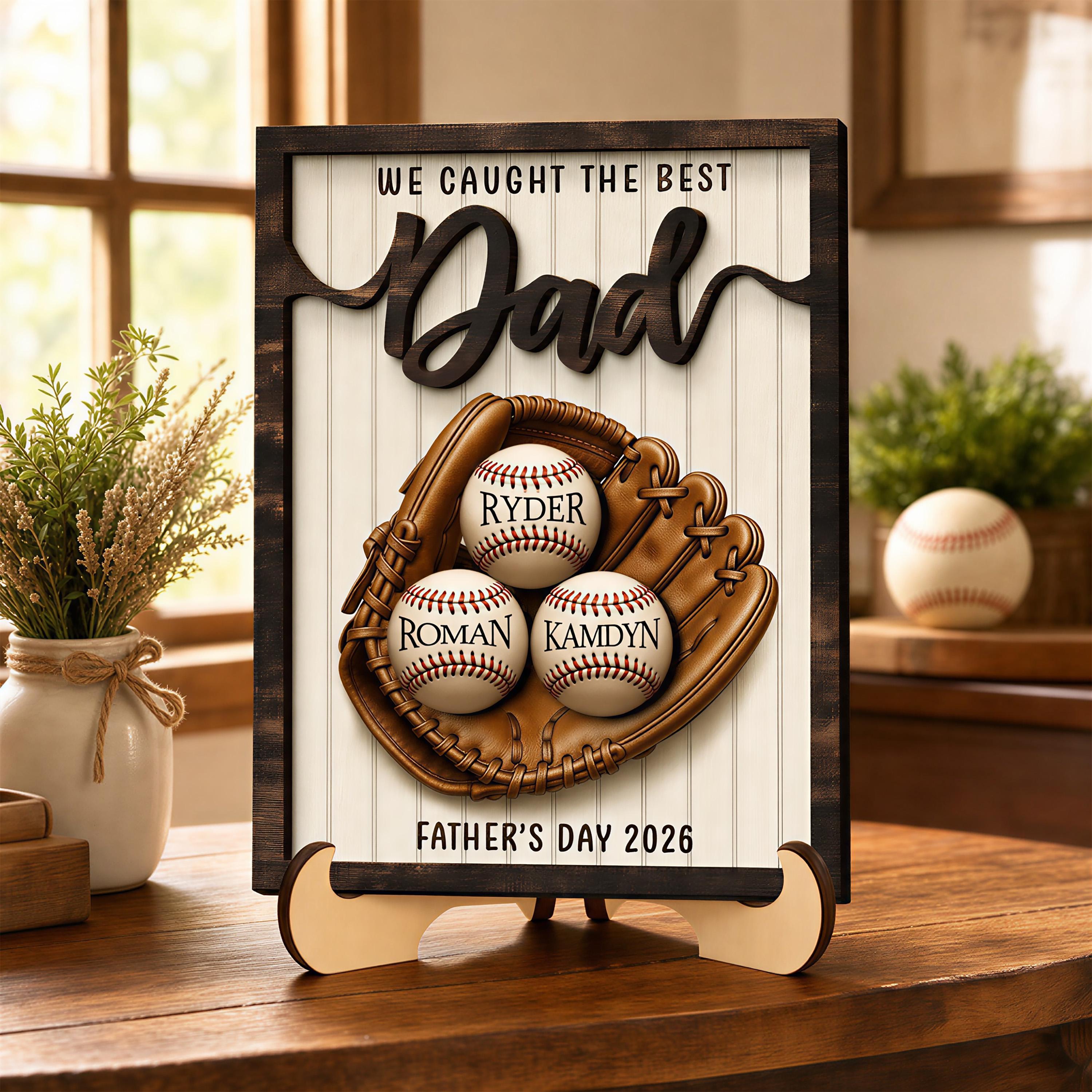 Father’s Day Baseball Plaque, Custom Wooden Frame Sign, Personalized Kids Names Baseball Decor, Gift For Dad From Children, Rustic Father’s Day Keepsake, Custom Family Home Decoration