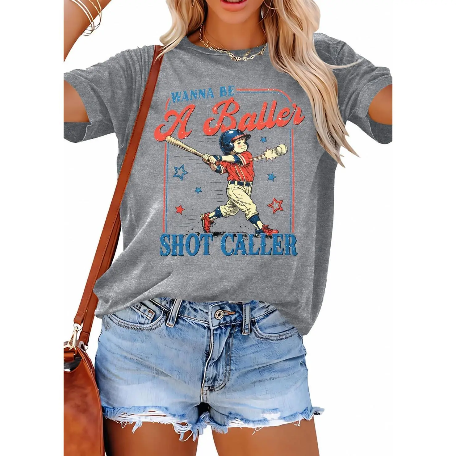 Women's Relaxed Fit Baseball Theme Short Sleeve Top - D-Light Gray, X-Large, Multi-Size Option, Short Sleeve Tops