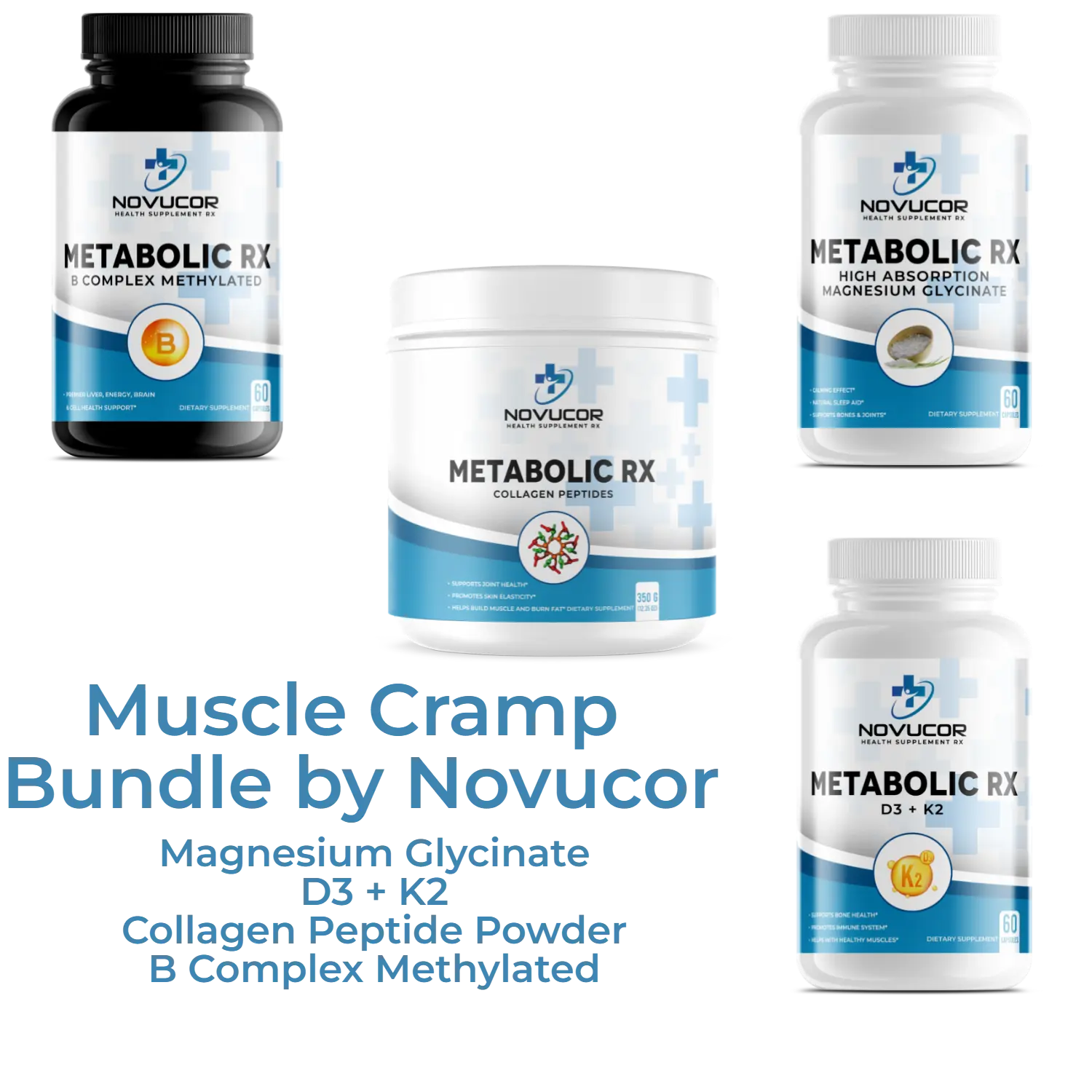 Novucor Muscle Cramp Bundle - B Complex Methylated, Vitamin D3+K2, Magnesium Glycinate & Collagen Peptides for Fitness Support US Edible Healthcare Supplement