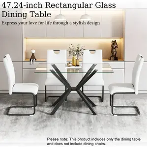 Rectangular Glass Dining Table 47.2", Clear Tempered Glass Top, Modern Black Metal Legs, Easy Clean Kitchen Table for Small Space, Dining Room, Apartment furniture