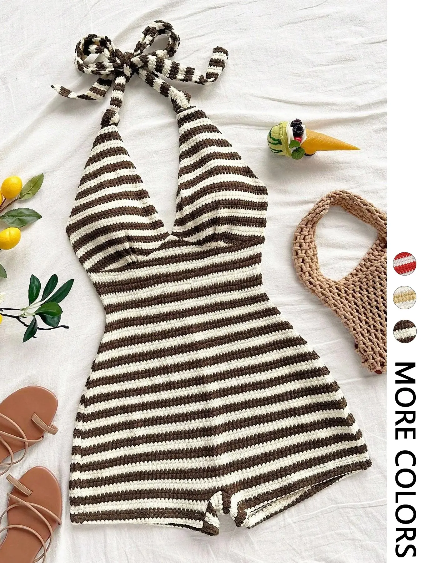 Women's Casual Chic Style Striped Crochet Knit Sleeveless Short Jumpsuit, Lightweight Deep V Neck Backless Halter Romper for Beach Vacation, Cruise and Date, Casual Summer Jumpsuit