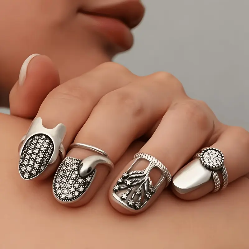 Bohemian Vintage-style Nail Rings (4pcs Set) - Adjustable Opening, 1 Size Fits All, Costume Jewelry for Daily Wear, Parties, Valentine's Day Gifts, Year-round Elegant Manicure Decor