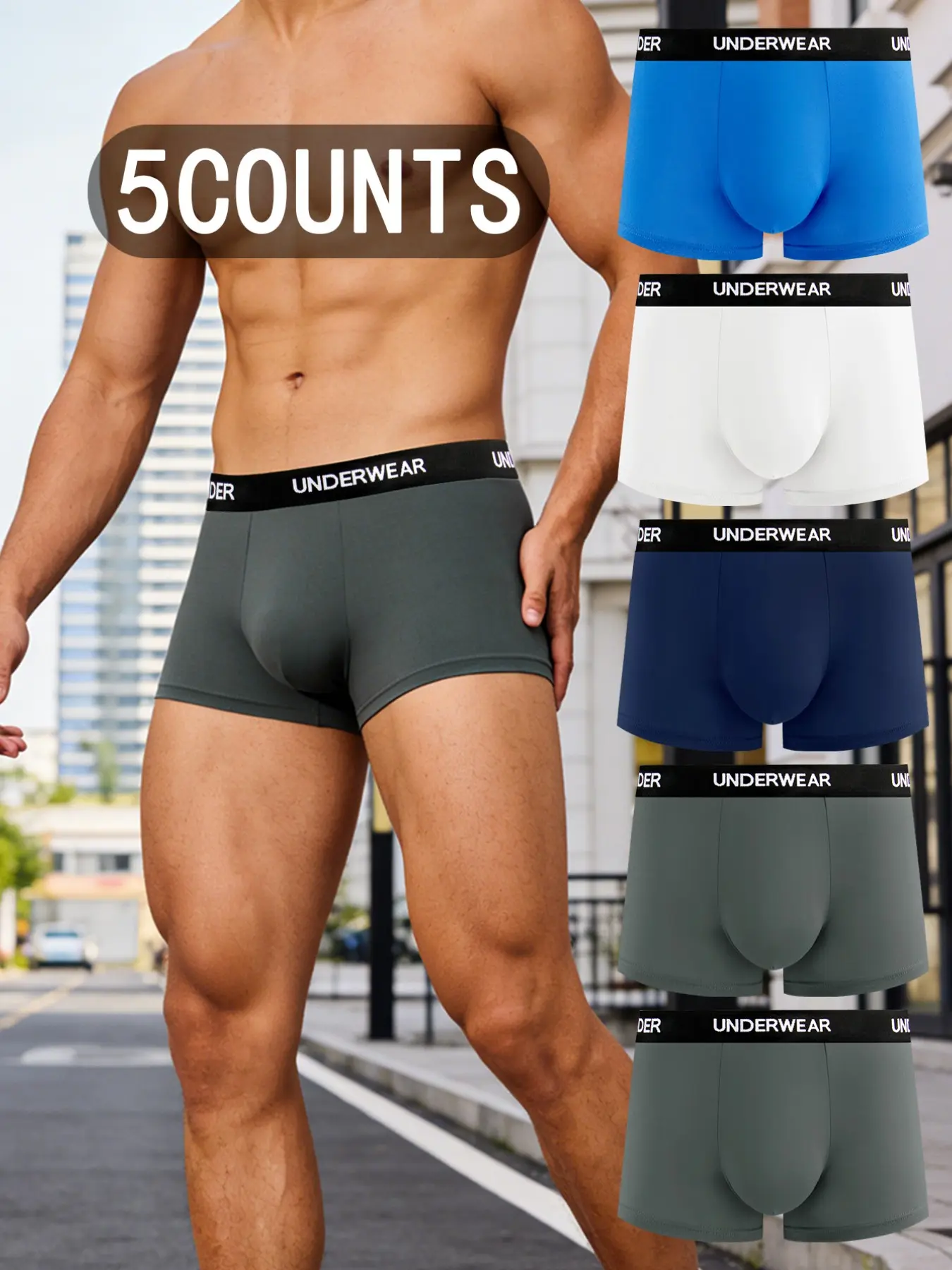 5 pcs Men's Solid color leisure flat cornered underwear, Soft men's underwear, Men's underwear suitable for Four Seasons and daily wear - fashionable - comfortable Men's underwears. Suitable for attending weddings, Men's innovative underwear.