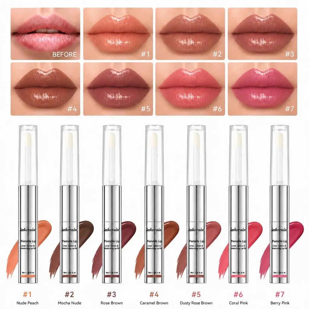 2 in 1 Peel-Off Lip Gloss & Lip Liner, Lip Stain & Plumping Transparent Lip Oil, Hydrating, All-Day Wear, Available in 7 Shades, Makeup, Cosmetics, Spring Gift, Refreshing Look