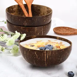 8-Piece Coconut Bowl Set, 4 Coconut Bowls + 4 Wooden Spoons, Natural Coconut Shell Bowls, Yogurt Salad Ice Cream Bowls, Extra Spoons Included