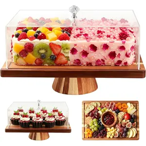 Acacia Wood Cake Stand with Lid, Rectangular Wooden Display Cake Holder & Acrylic Cover, 2-in-1 Reversible Wooden Stand, Flips to Charcuterie & Snack Tray, Fit Kitchen, Parties, Weddings
