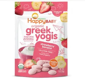 Happy Baby Organics Baby Snacks, Greek Yogis, Freeze Dried Yogurt & Fruit Snacks, Gluten Free Snack for Babies 9+ Months, Strawberry & Banana, 1 Ounce