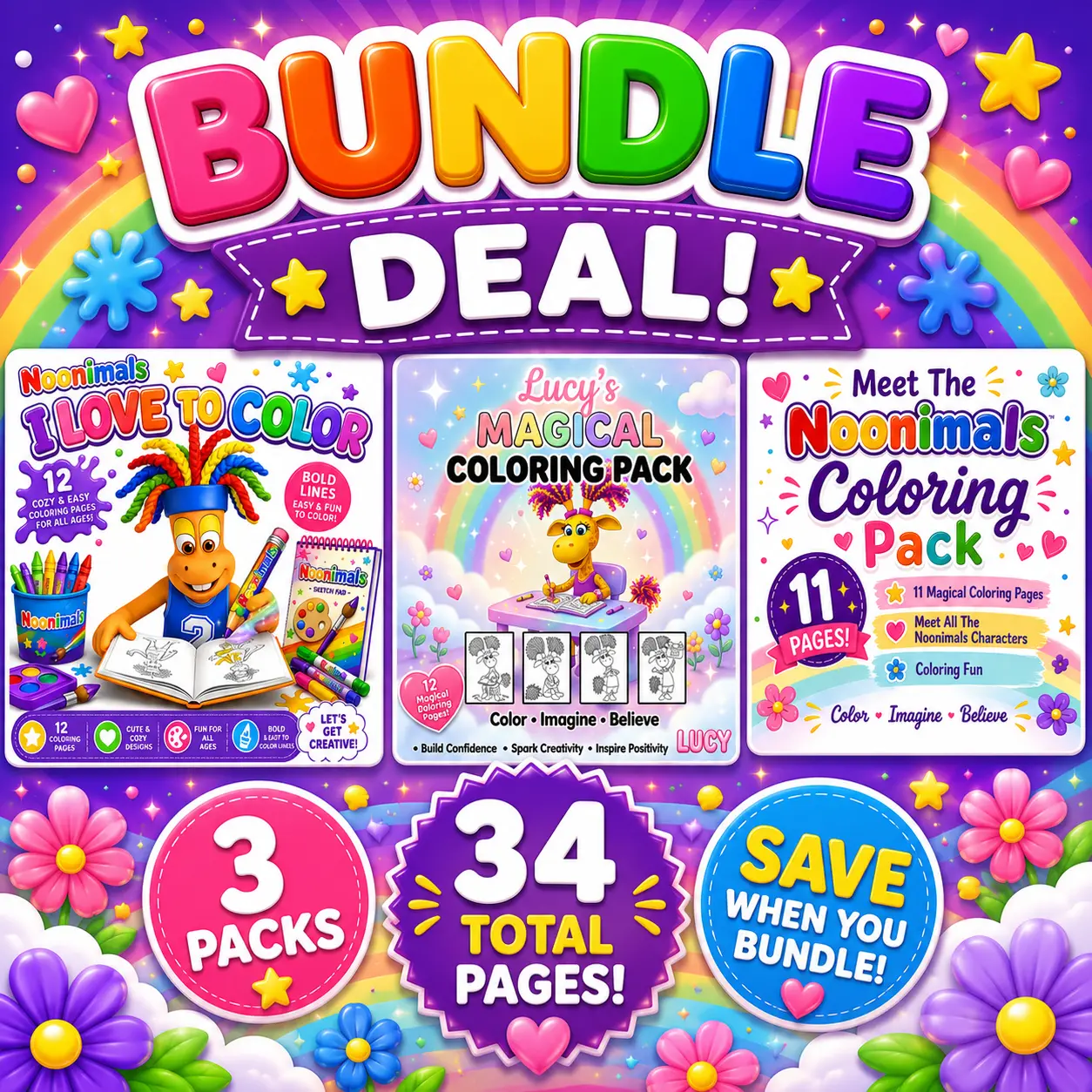 Noonimals Bundle |  "3 Coloring Packs - 34 Coloring Pages Total