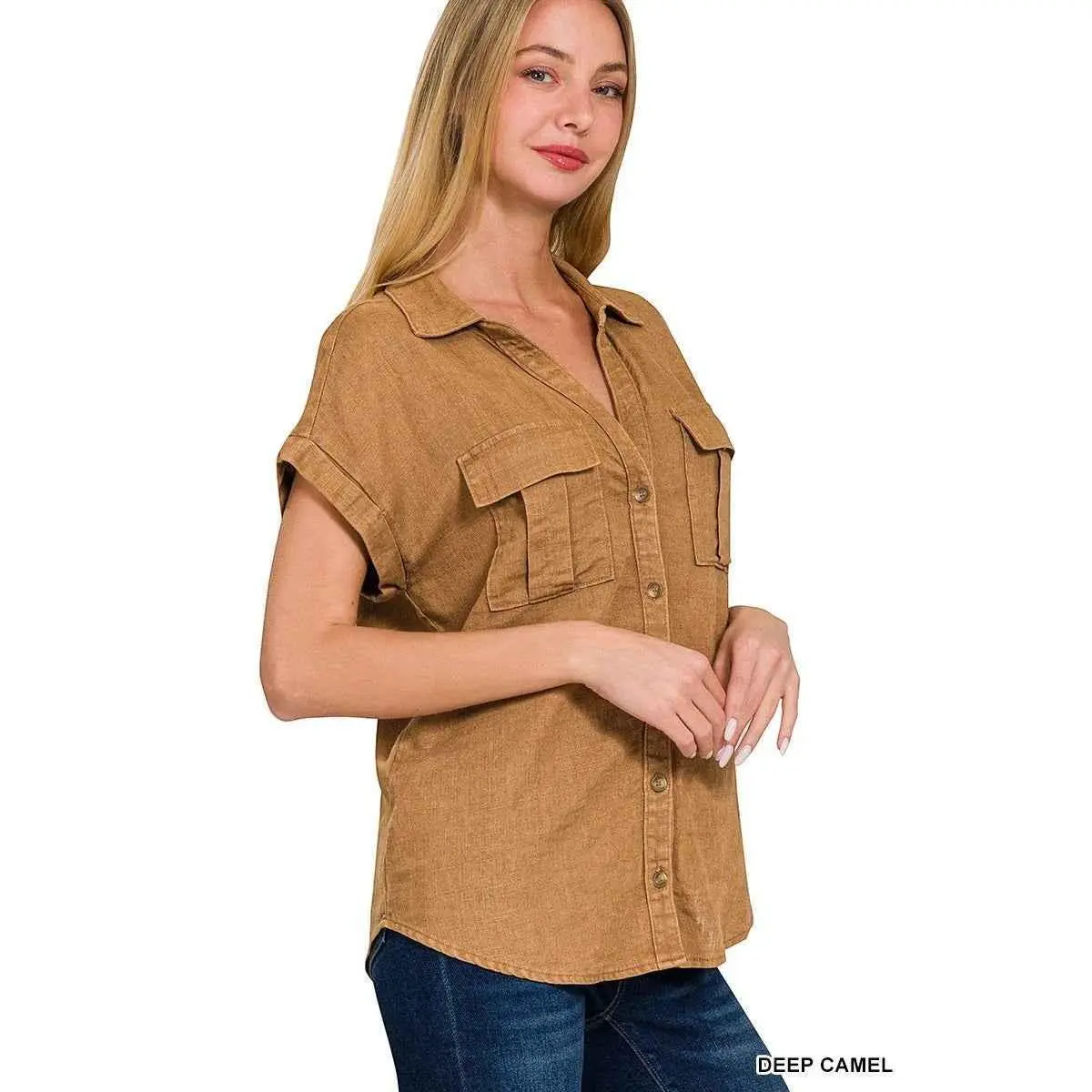 Zenana Utility Button Up Shirt - Short Sleeve Work Shirt