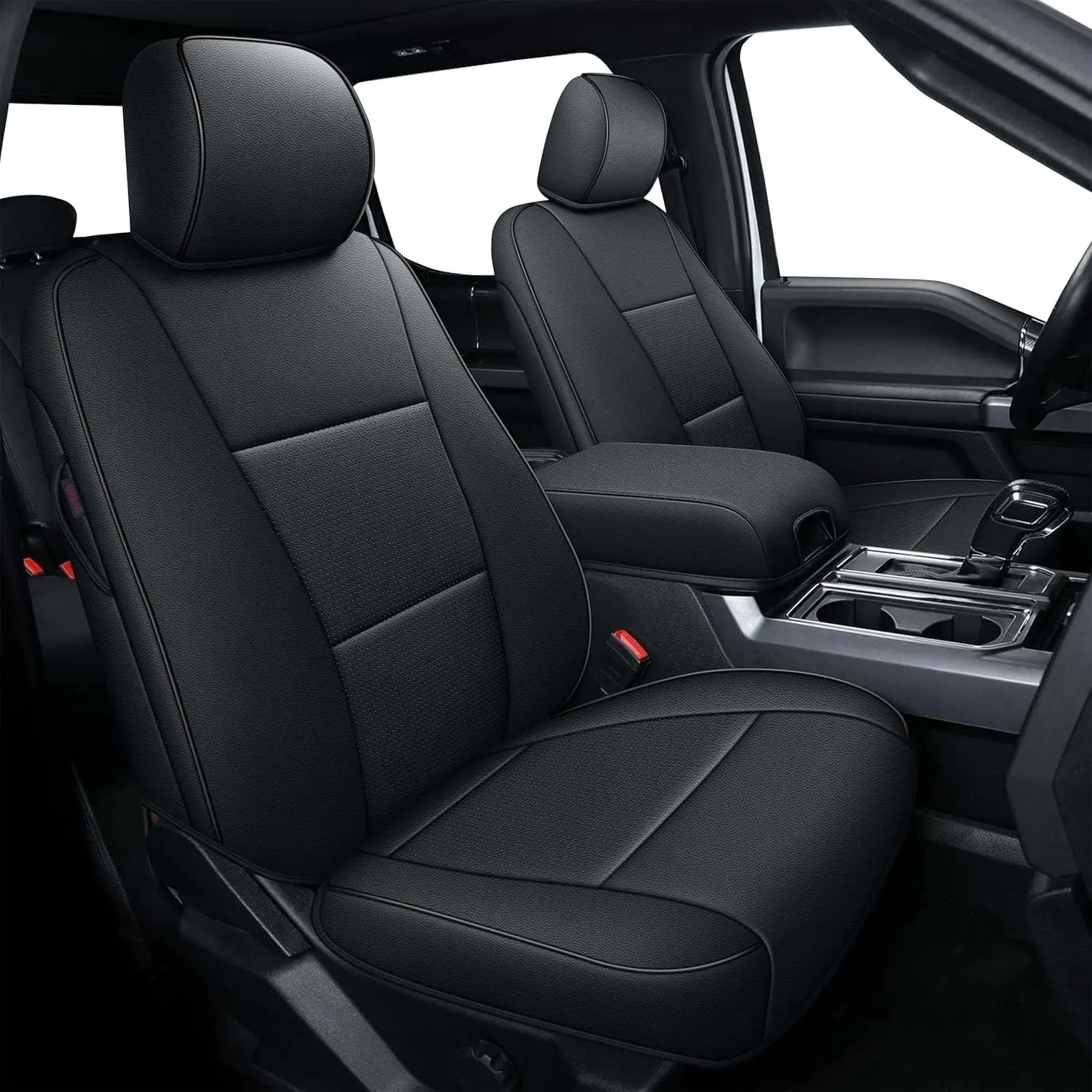 Breathable Faux-Leather Car Seat Covers - Waterproof, Heavy-Duty, Easy-Install Foam-Fill Full Seat Set for Ford F150 2015-2025 (XL, XLT, SuperCrew), F250-F450 2017-2024 Super Duty Truck Cushion Protector (Black)