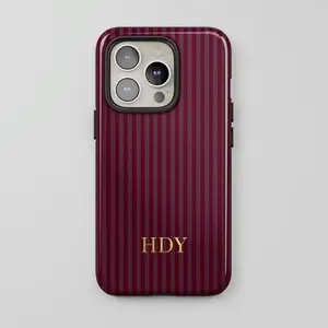 Burgundy Stripes Phone Case Gold Monogram Personalized Cute Minimalist Initials iPhone 17 16 15 14