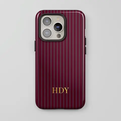 Customized Polycarbonate-TPU Protective Cellphone Casing, Burgundy Stripes, Gold Monogrammed Initials, Cute Minimalist Design, Wireless-Charge Ok, UV/Digital Print, Compatible for iPhone 18-14 | Mobile Phone Accessories