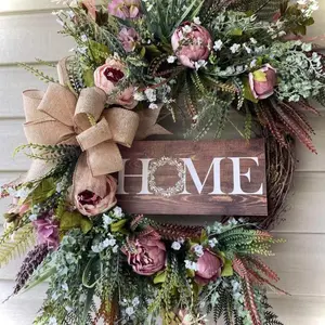 Realistic Rose Vine Wreath with Home Wooden Sign, 18 Inch Spring Front Door Wreath, Country Farmhouse Style Home Decor