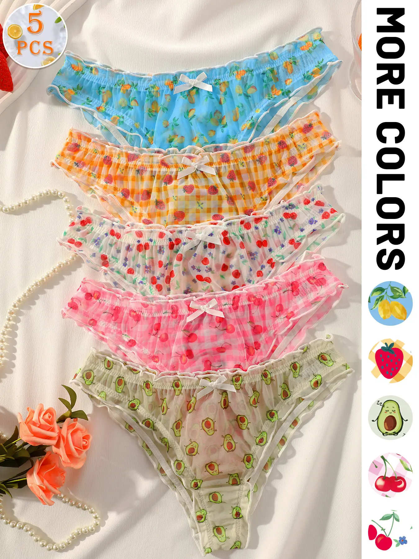 3/4/5 Pcs Fruit Print Mesh Women's Underwear, Bow Ruffle Lightweight Breathable Triangle Panties, Cute Low Waist Fitted Briefs for All Seasons