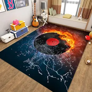 2D Vinyl Record Fire & Water Splash Flannel Area Rug, Home Decorative Rug, Abstract Area Rugs - Oversized Soft Plush for Music Room & Bedroom, Non-Slip Thick Retro Music Pattern Home Decor for Vinyl Enthusiasts