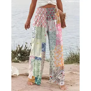 Women’s patchwork/floral print wide-leg pants with an elastic waistband; bohemian baggy boho casual trousers for beach vacations; oversized women’s bottoms for all seasons; loose womenswear