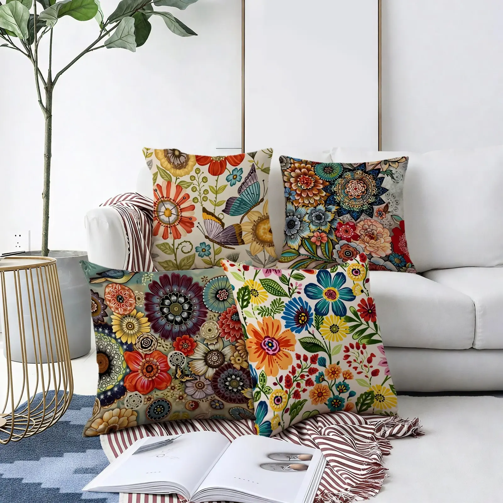 Vintage-style Flower & Butterfly Throw Pillow Cover, 45cm Size, Multi-color Decorative Cushion Case for Home Decoration, Soft Fabric Pillowcase with Whimsical Floral Pattern, Cushion Slipcovers