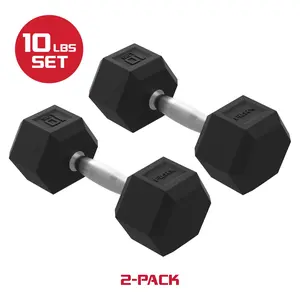 FitRx 10lbs Rubber Hex Dumbbell Set – Solid Steel Handles, Durable Rubber Coating, Anti-Roll Weights for Fitness, Pair