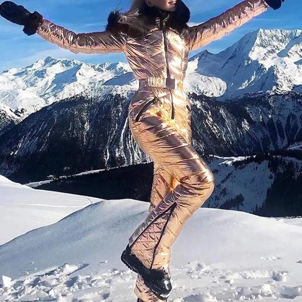 Fisoew Womens One Piece Ski Suit Warm Waterproof Snowsuits Winter Snow Jumpsuits Outdoor Sports Outerwear