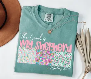 Comfort Colors The Lord Is My Shepherd Shirt, Psalm 23:1 Christian Faith Tee for Women, Floral Patchwork Bible Verse Graphic T-Shirt