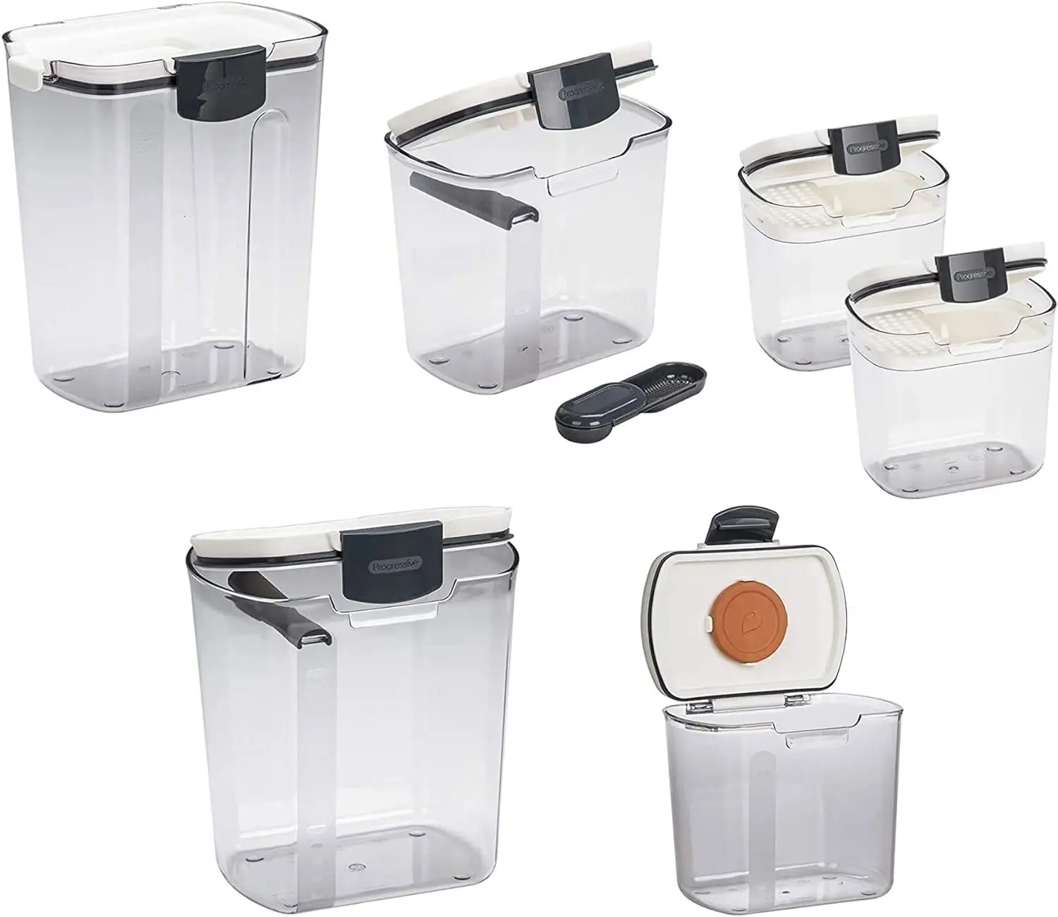 Progressive International Prepworks ProKeeper Kitchen Clear Plastic Airtight Food Flour & Sugar Storage Container Set 6 Piece White with Standard Lid & Gray Latches
