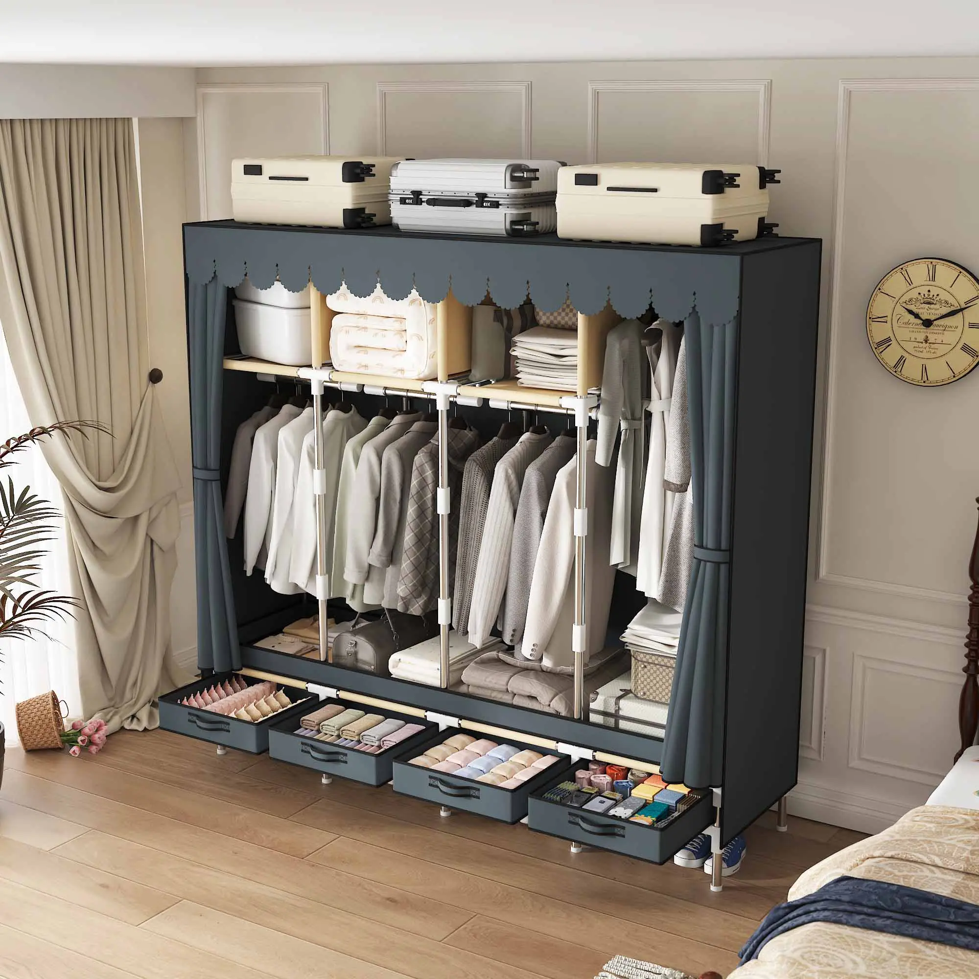 ARLUKIN Portable Clothes Closet - 4 Rod Hang Space Modern Armoire Wardrobe Storage Unit, Closet Wardrobe Cabinet with Drawers, Metal Hangers, Upgraded Grey Non-Woven Dust Cover for Bedroom