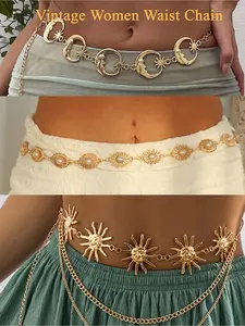 Vintage Moon & Star Pearl Design Waist Chain, Boho Style Waist Belt, Fashionable Statement Plus Size Long Layered Chain Belts For Women, All-Match & Exquisite Jewelry For Birthday Gift