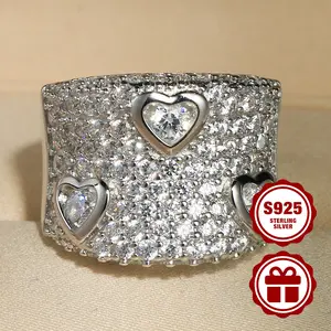 925 sterling silver engagement ring for ladies, wide design, fully set with CZ, heart-shaped embellishment, suitable for daily wear, wedding, proposal, with gift box, 6-10#, 9g
