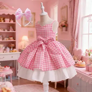 5566 Children's New Barbie The Movie Girls Dress For 3-10 Yrs Girl Pink Plaid Halter Dress Fashion Kid Dress 2PCS Dress+Headband