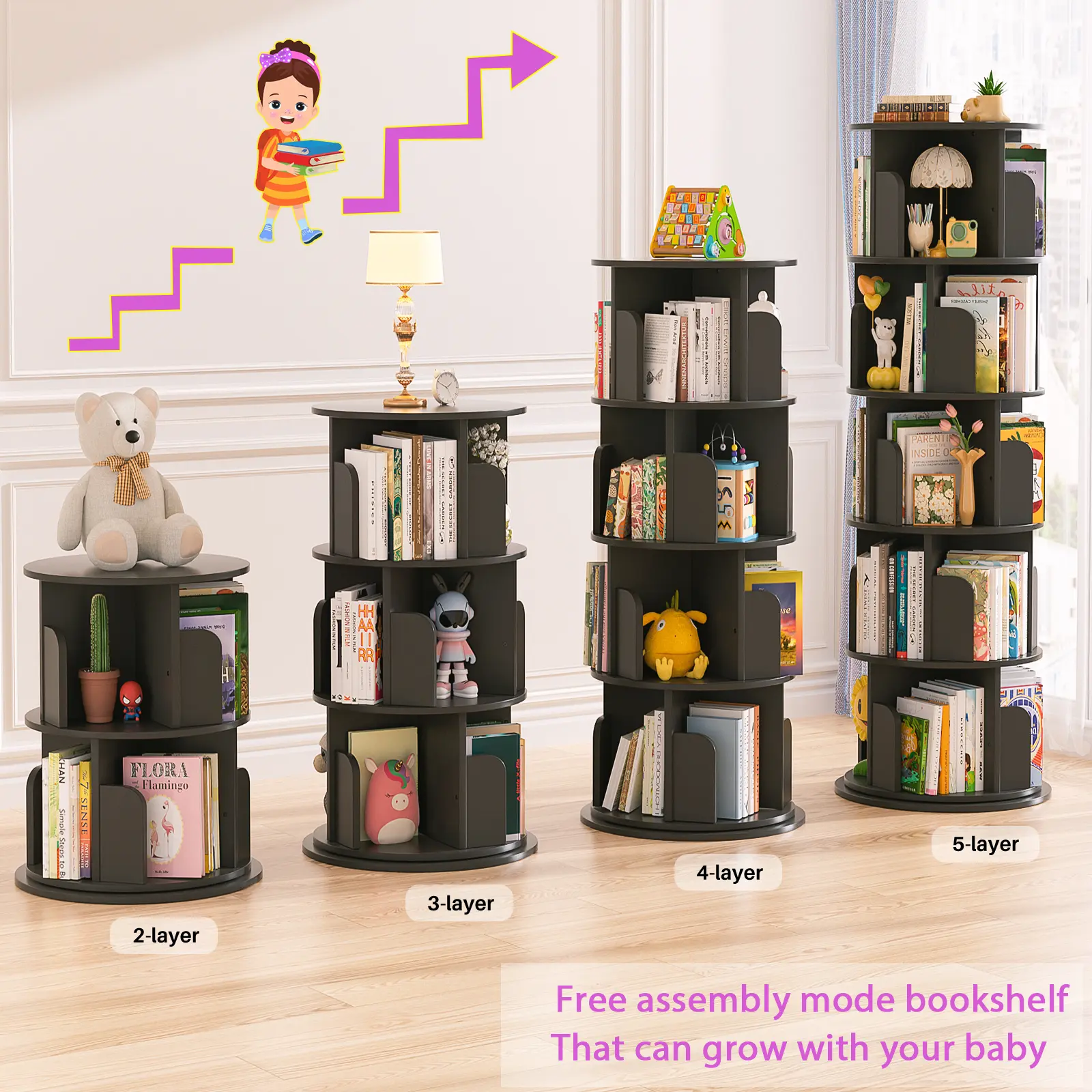 Unikito 4/5/6-Tier Rotating Bookshelf Furniture, MDF+Steel 360° Spinning Narrow Fit Stackable Tower, Tall Floor-Standing Swivel Corner Storage Organizer for Bedroom, Living Room