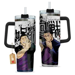 STORMMECH JJK Aoi Todo 40oz Single Handle Metal Tumbler Mug - Stainless Steel, Washable, Portable, Leak-Proof Insulated Flask with Black Cap & Handle, Anime-Inspired Vacuum Travel Mug, Large Iced Coffee Cup, Otaku Gift, Metal Tumbler Mugs
