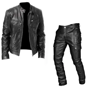 Women's & Men's 2-Piece PU Suit - Long Sleeve Stand-Up Collar Slim-Fit Black Leather Jacket with Chain Pocket Decoration, PU Pants, Workwear, Menswear, Women's Clothes, Formal & Motorcycle Streetwear Outerwear