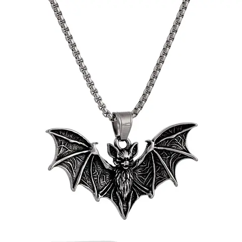 Men's Stainless Steel Vampire Bat Charm Pendant Chain Necklace - Edgy Gothic Spooky Alternative Style Costume Jewelry, Non Tarnish Jewelry, Goth Gift for Halloween