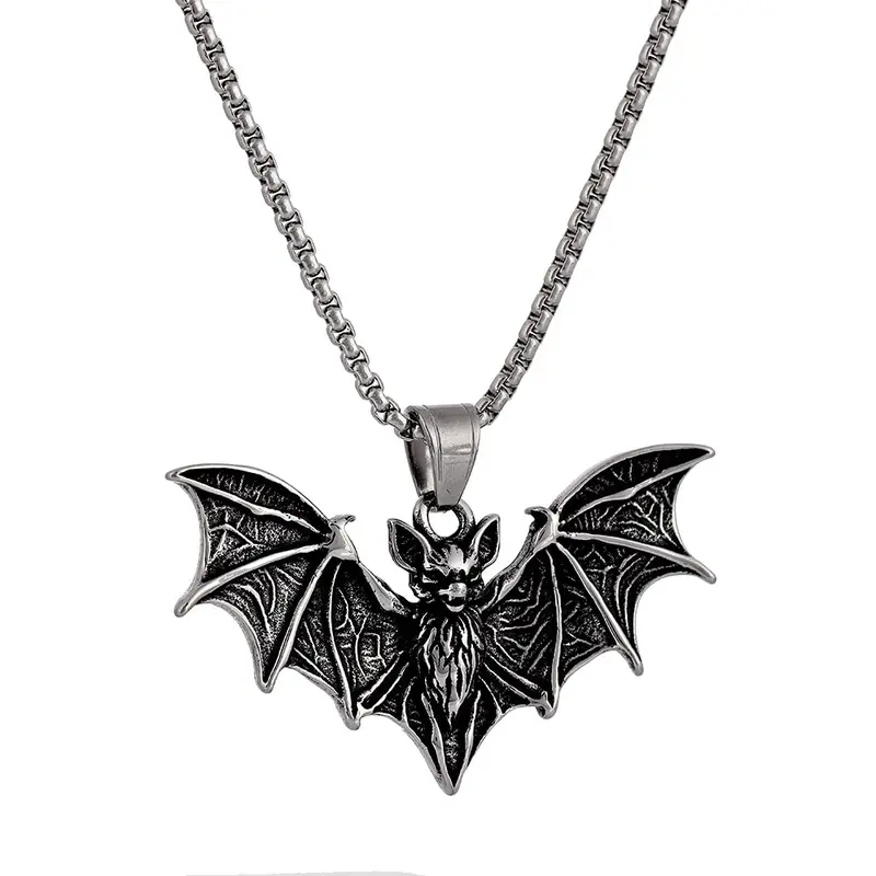 Men's Stainless Steel Vampire Bat Charm Pendant Chain Necklace - Edgy Gothic Spooky Alternative Style Costume Jewelry, Non Tarnish Jewelry, Goth Gift for Halloween