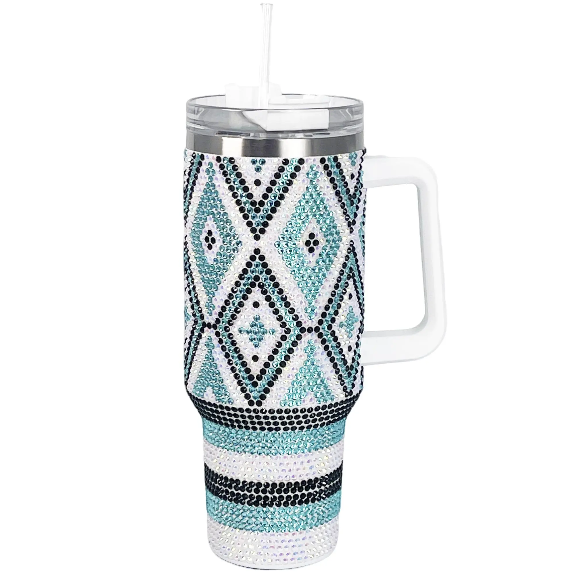 Cupcupmore 40 oz (1,000-2,000 ml) Glam Blue Diamond Bling Rhinestone Stainless Steel Sippy Tumbler - Double Wall Insulated Flask, Glitter Vacuum Thermal Water Bottle with Straw, Lid & Handle, Car Cup Holder Compatible, Daily Use, Keeps Drinks Cold 0-6H, 0