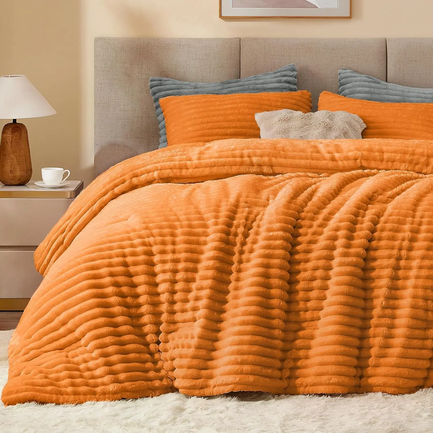 Bedelite Burnt Orange Full Size Comforter Set - Modern, Super Warm Fluffy Fleece Side Heavy Winter Bedding, Set Includes 2 Pillow Cases, All Seasons Compatible, Do Not Iron or Dry-Clean