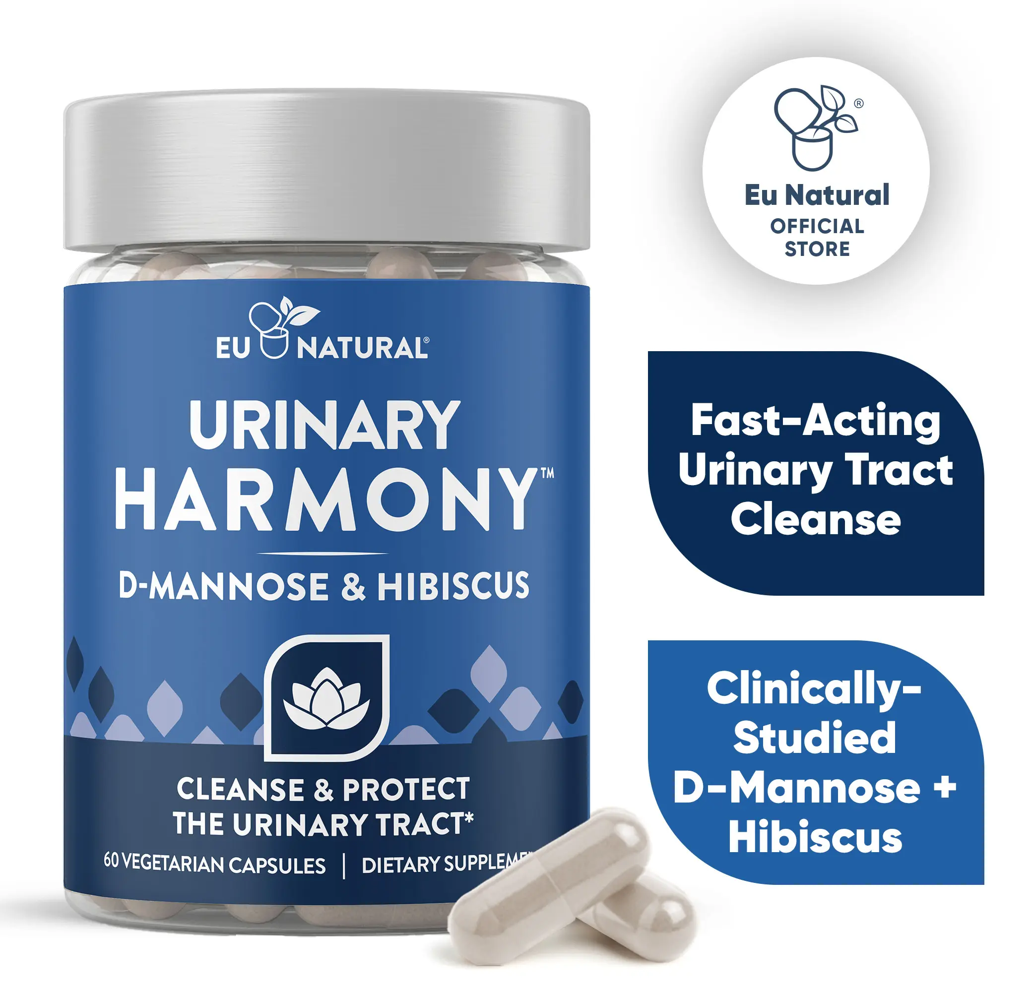 Eu Natural Urinary Harmony - D-Mannose & Hibiscus - 60 Vegetarian Capsules - Natural Urinary Tract UTI Cleanse & Protection - Urinary Health Support Supplement