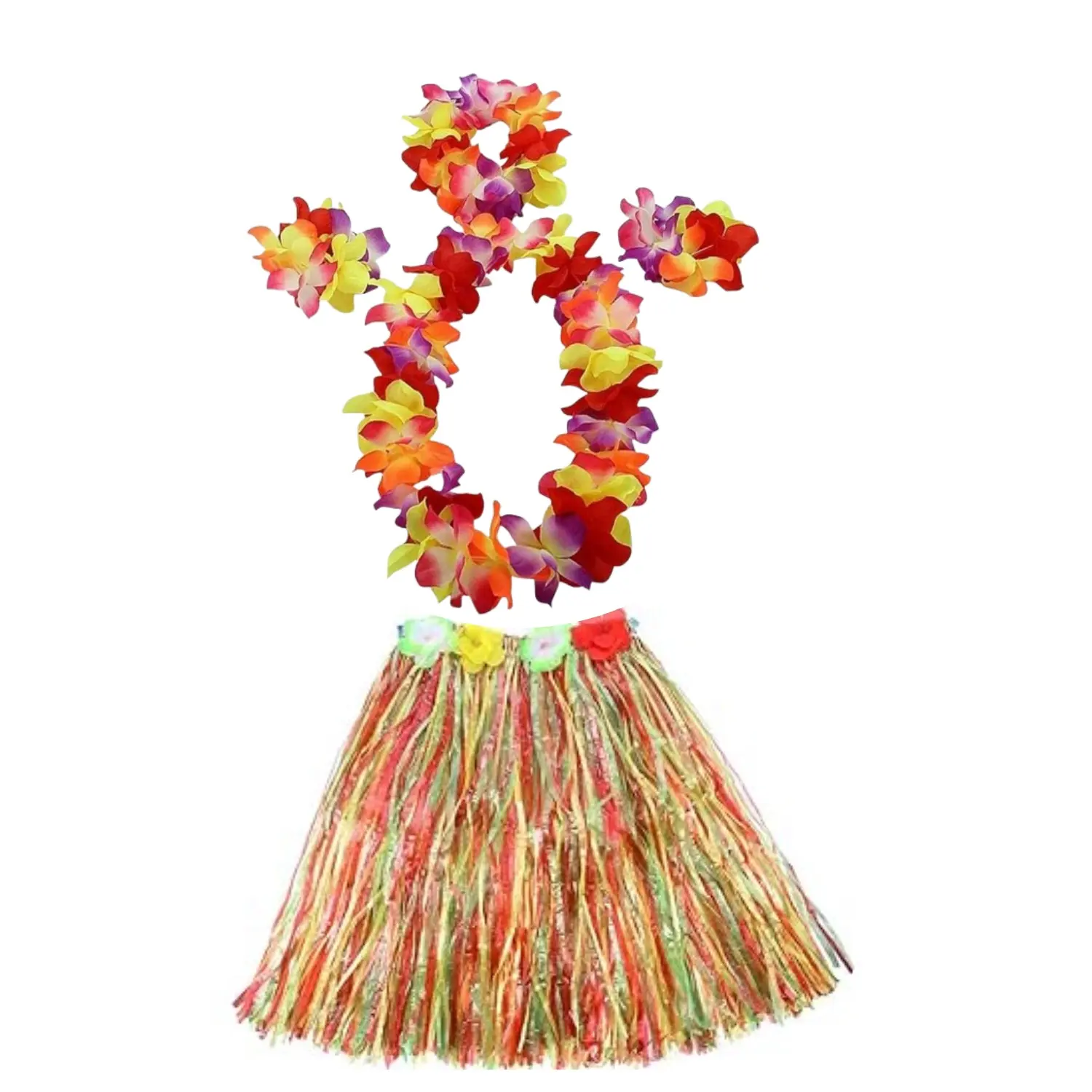 Women's 7-Pcs Soft Ruffled Hawaiian Luau Hula Polyester Lightweight Grass Skirt & Large Floral Clothes Set - Colorful Silk Headband, 1 Pair of Flower Bracelets, Dance Party Costumes