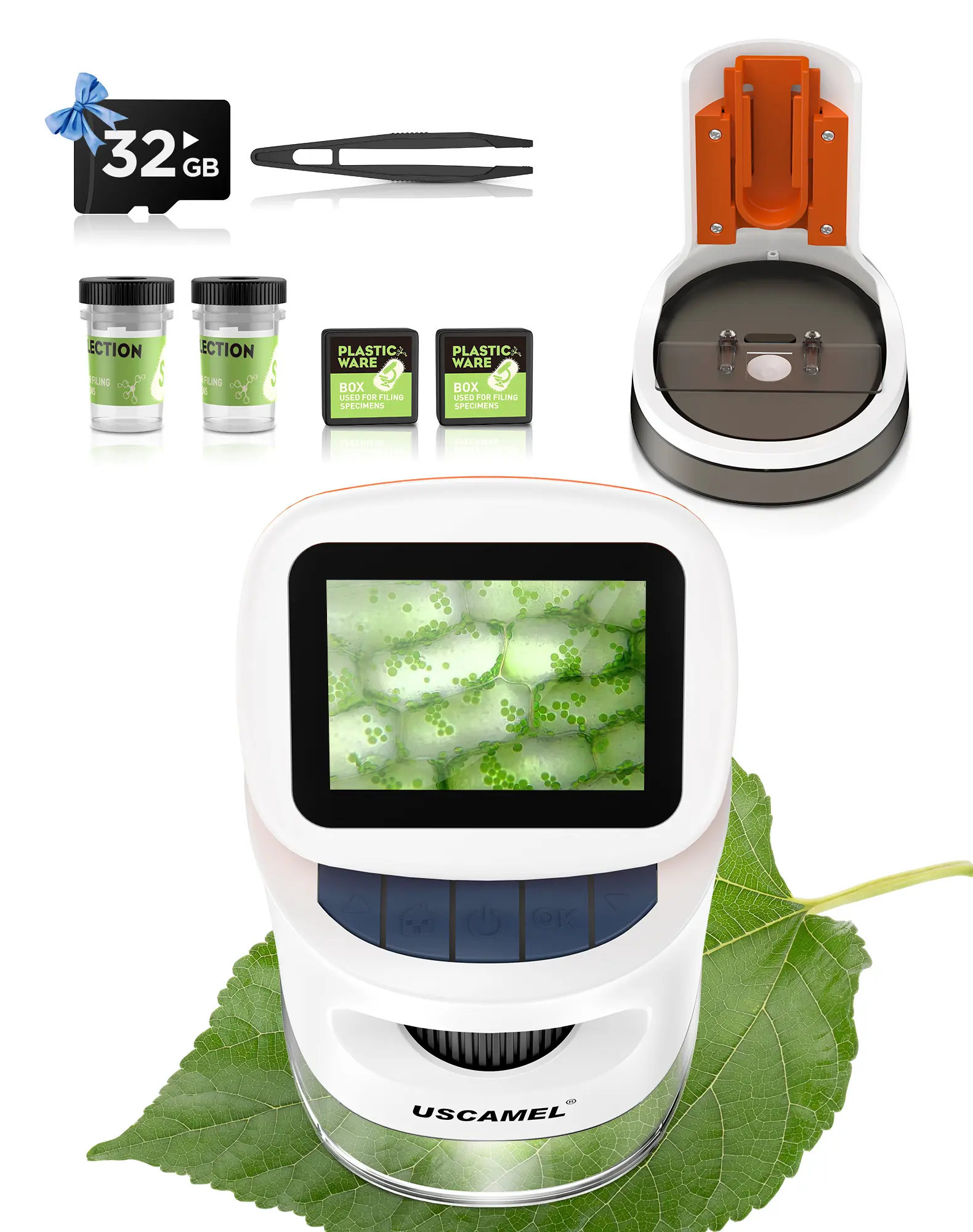 2.0-inch children's microscope with screen, equipped with a portable base, plastic stirrer, collection bottle, manual focusing roller, suitable for children to explore nature and learn knowledge