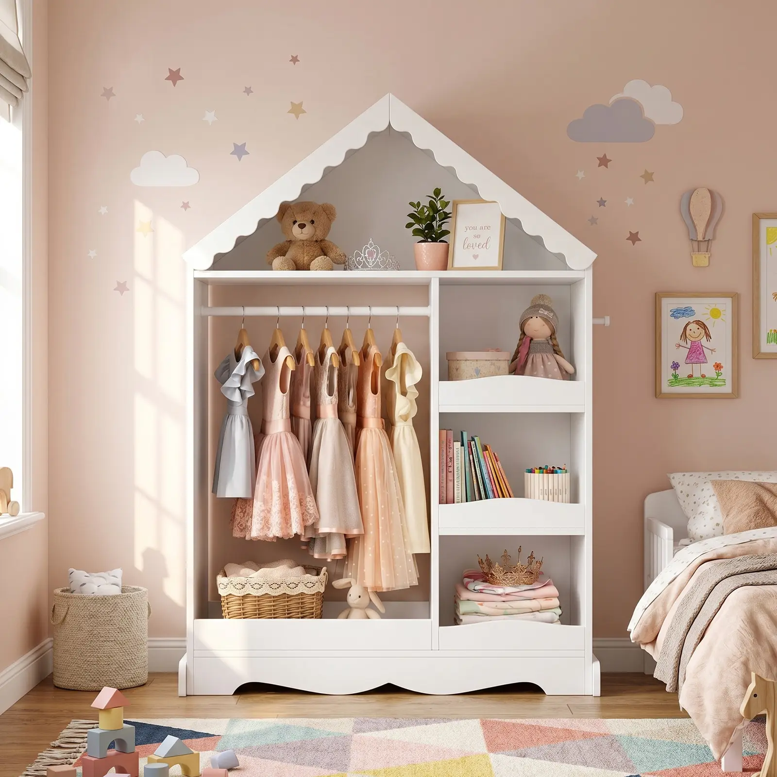 VOWNER Kids Closet with Mirror, House-Shaped Wardrobe with Clothing Rack, Shelves, Hooks & Cubbies for Bedroom Playroom