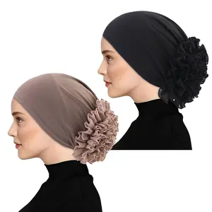 Chiffon Large Floral Headscarf Hat 2PCS Breathable Hooded Scarves for Home Use Hair Care Bonnet 100% Polyester Elastic Turban Hat