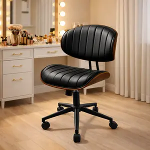 CAODOC Armless Swivel Desk Chair with Wheels, Upholstered Task Chair with Tufted Backrest, Walnut Bentwood Frame, Height Adjustable Computer Office Chair for Small Space