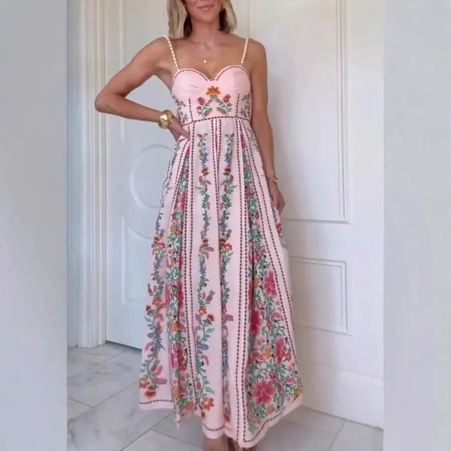 2025 new sexy decorative beads suspender positioning print vacation dress women