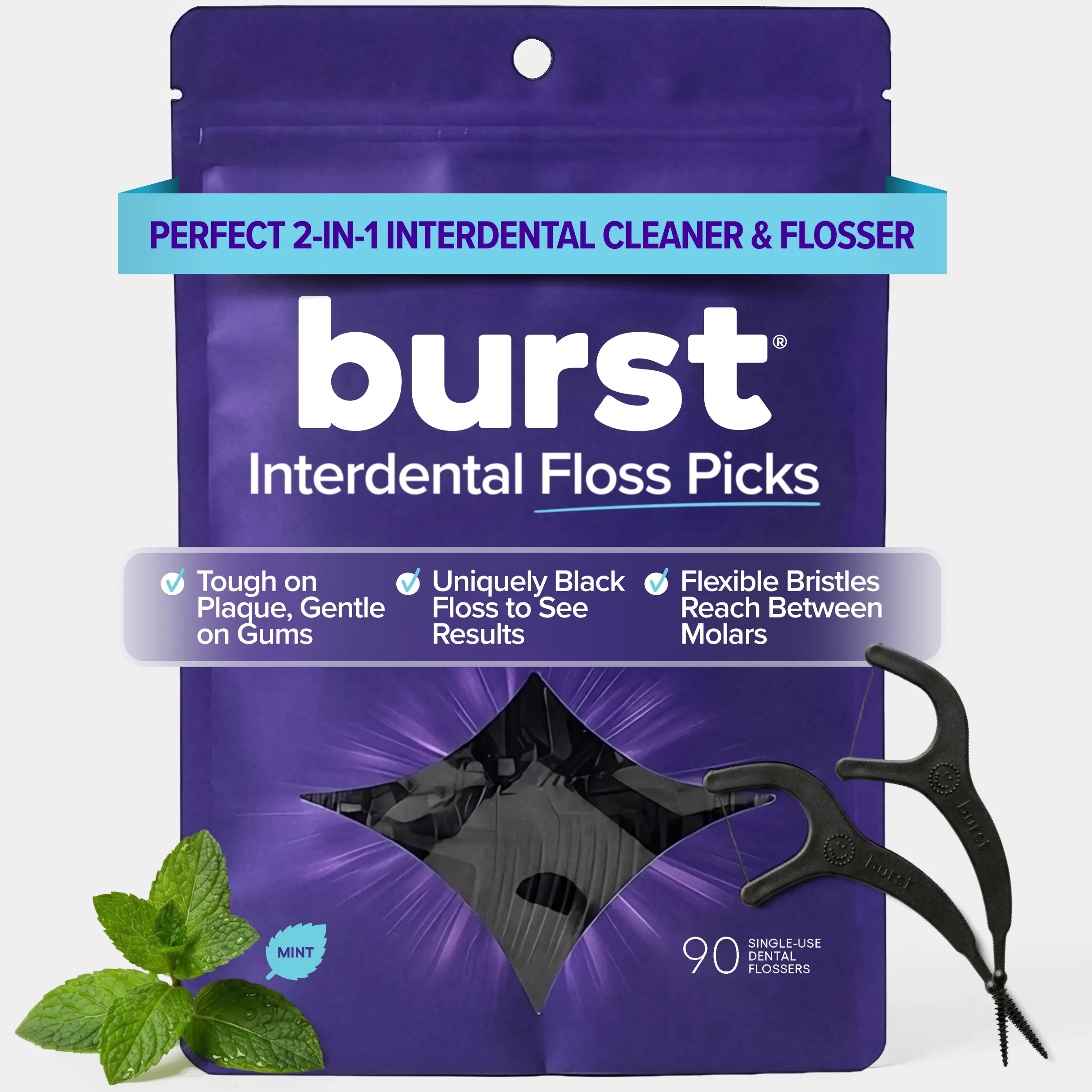 BURST Interdental Floss Picks - 2-in-1 Dual-Action Tool, Black Floss, Soft Silicone Pick for Gentle Cleaning