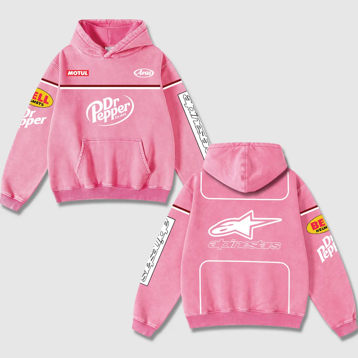 Retro Dr Pepper x Alpinestars Racing Washed Hoodie Motor World Champion Enthusiast Apparel Streetwear Racing Team Super Motorsports Clothing Motobike Riders Supermotor Off-Road Dirt Bike Fan Gear Cotton For Motor Fan