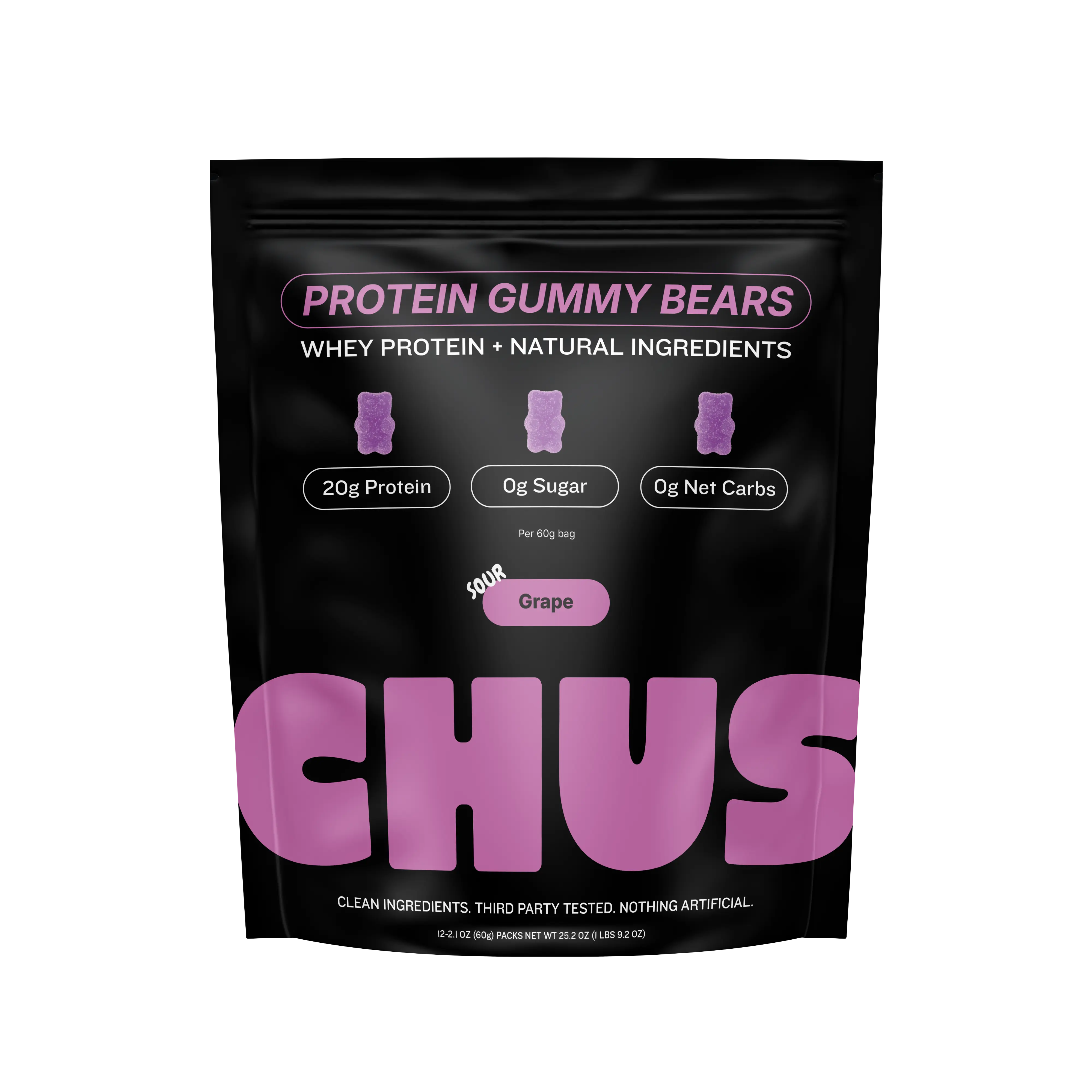 Chus Protein Gummy Bears | 20g of Whey Protein Isolate per Pack | 12-Pack Sour Grape Flavor