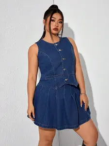 Sweet Girl Plus Size Denim Set Womenswear, Sleeveless Vest + High Waist Pleated Short Skirt, Casual Commuter, Stylish and Comfortable Style, Everyday Clothes